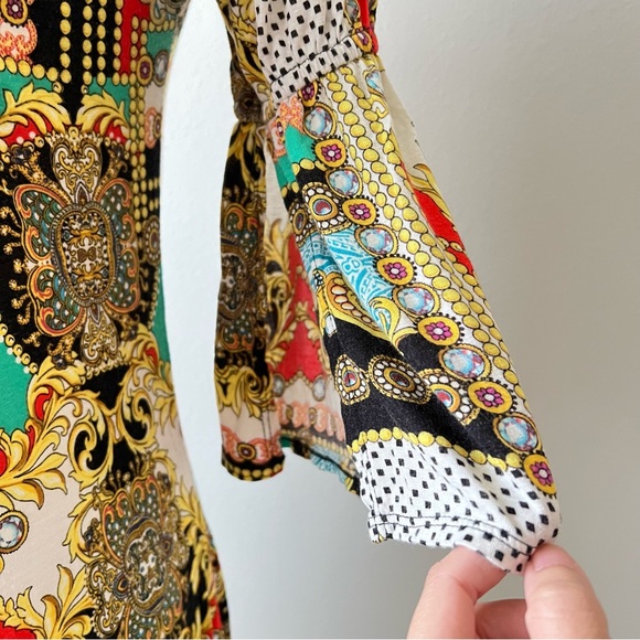 Boho Gypsy Trendy Multicolored Short Sleeve Off-shoulder Mini Dress - Picture 5 of 5